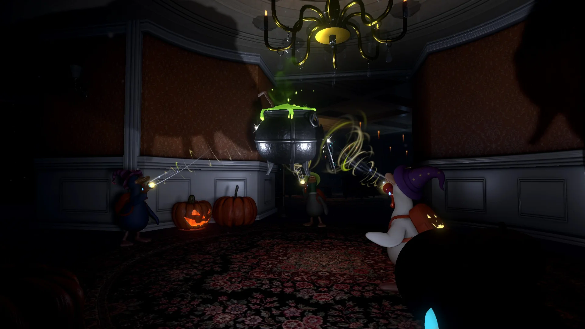 Players facing a mechanical enemy amid Halloween pumpkins