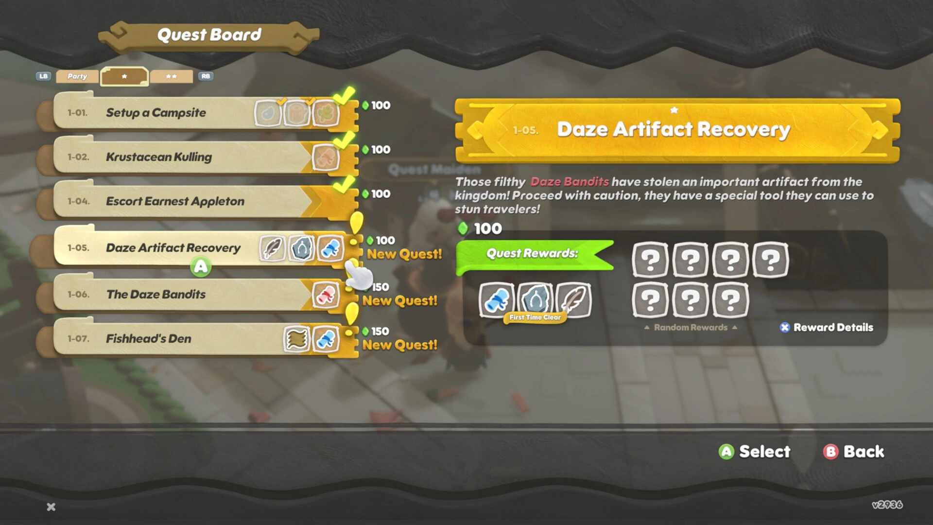 The quest board showing missions and reward icons in Scramble Knights Online