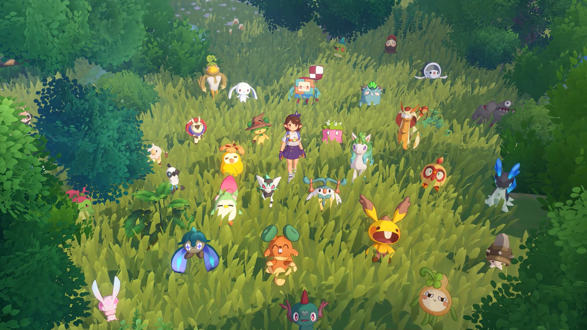 A Roco stands in tall grass surrounded by many different Jinies.