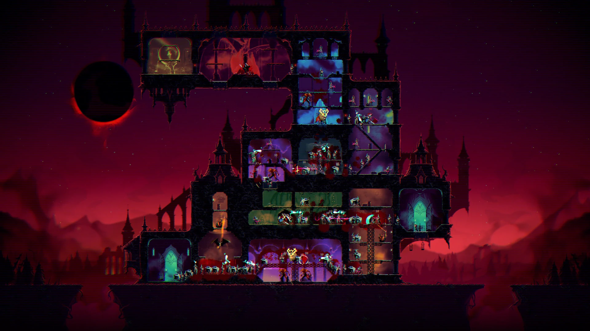 A multi-storey ReVamp castle occupied by defenders and invading troops