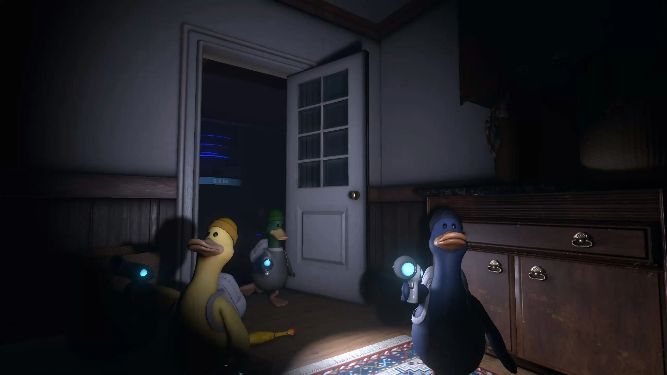 Alien ducks carrying gear beside a doorway