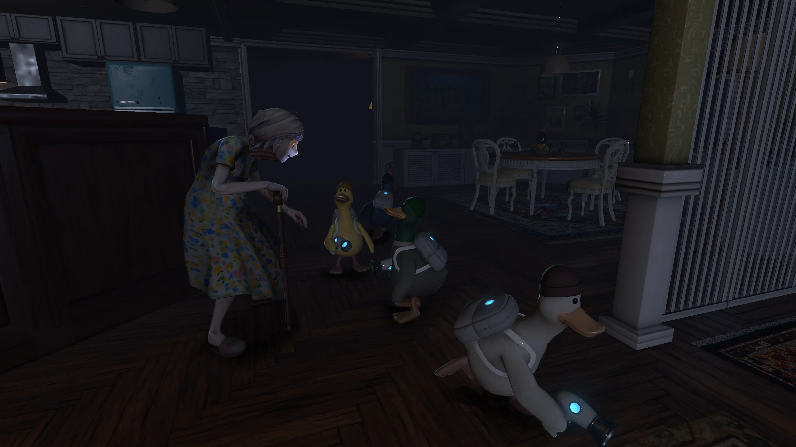 The mansion pursuer approaching a group of alien ducks