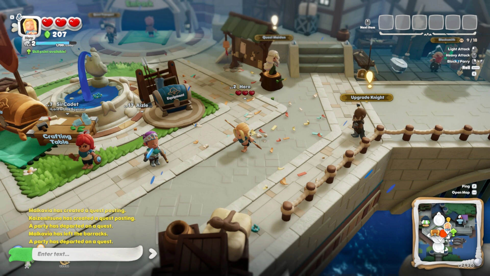 Players gathering around the fountain and crafting stations in the Town Square