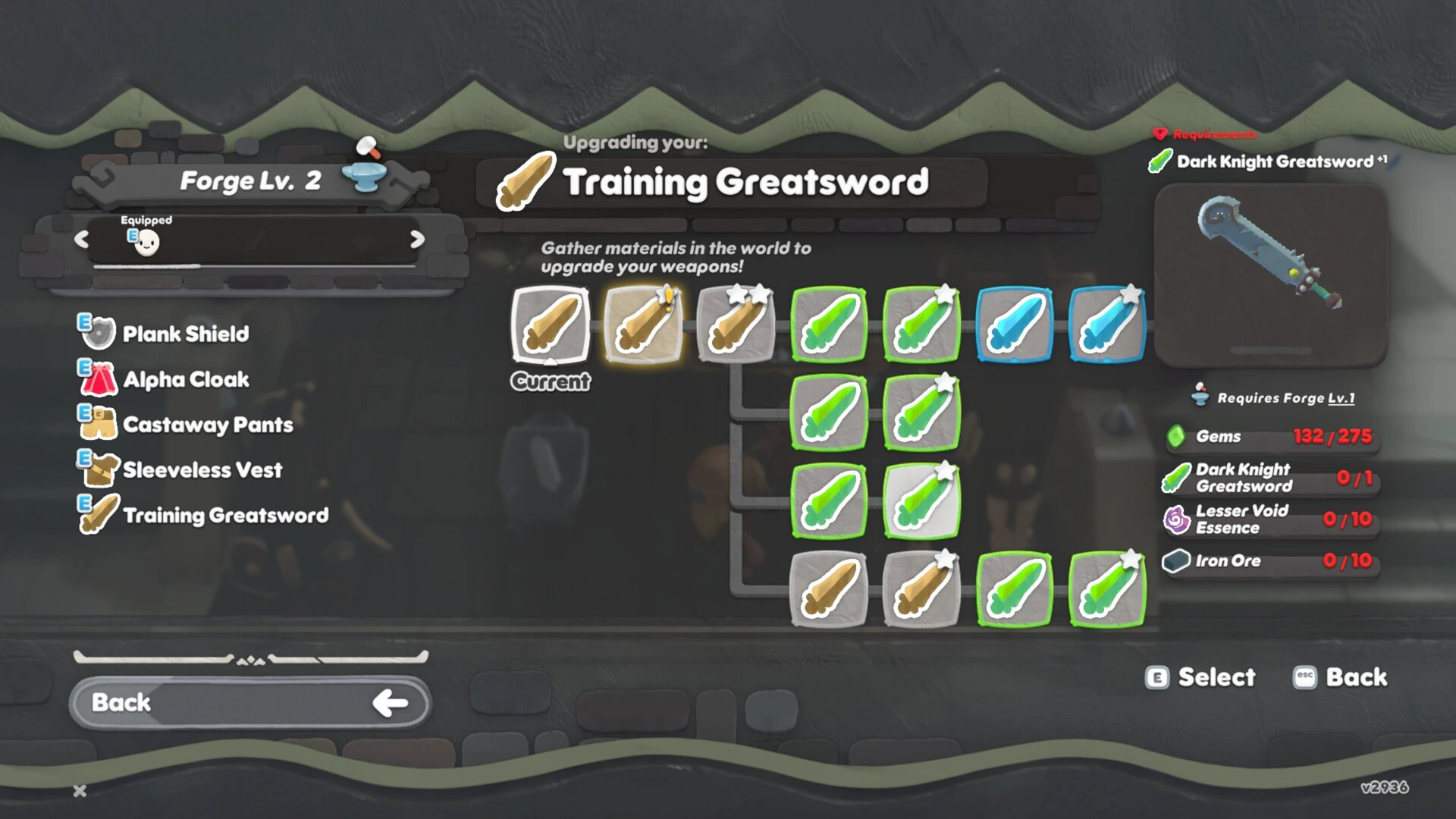 The forge interface showing a Training Greatsword upgrade tree