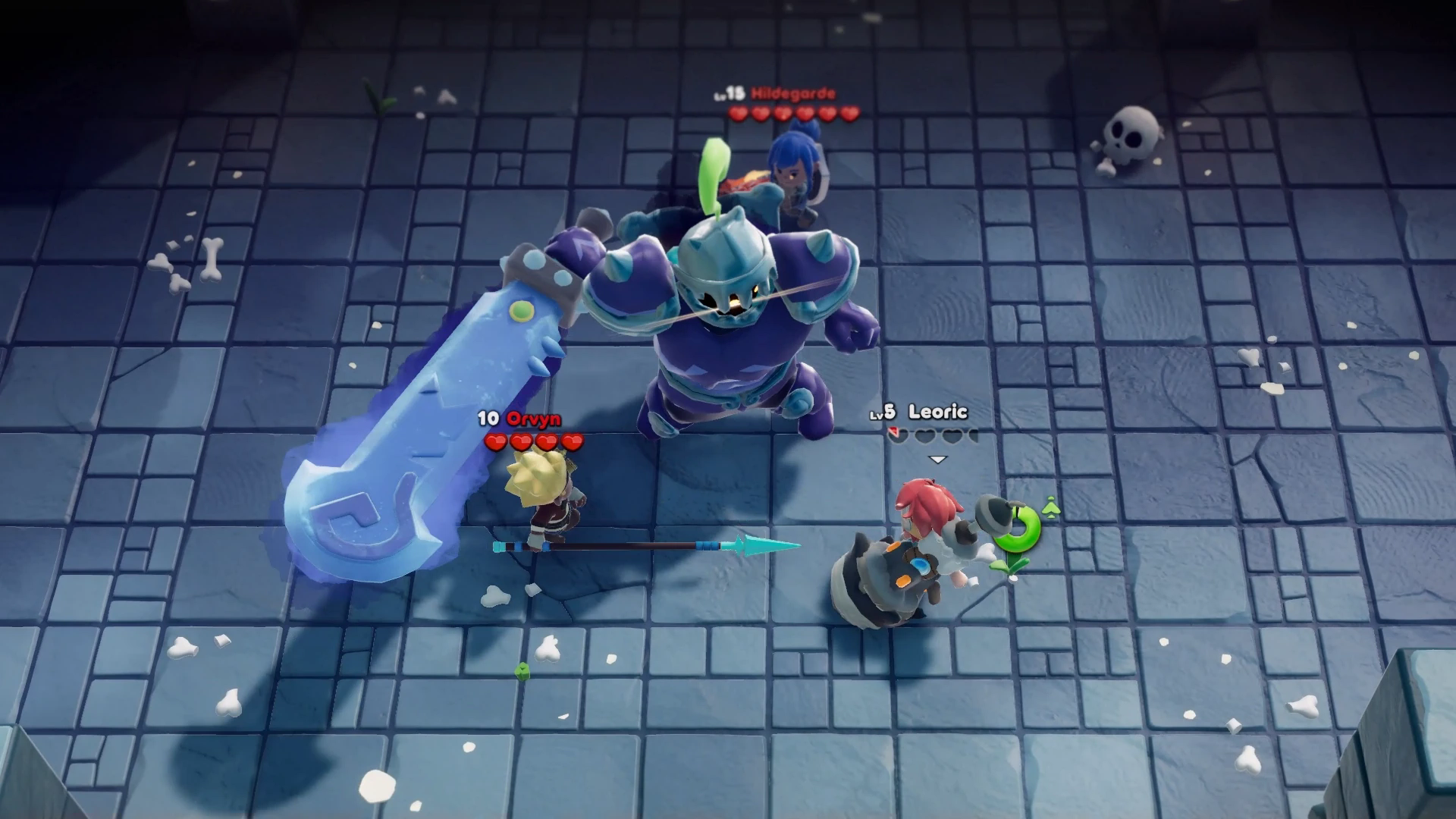 Knights facing a large armored boss inside a tiled dungeon