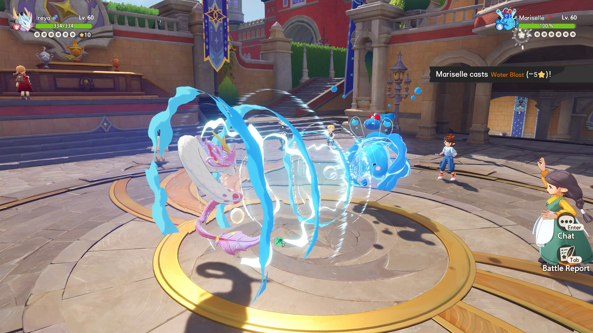 Ireya and Mariselle face each other in a battle arena as a water attack fills the foreground.