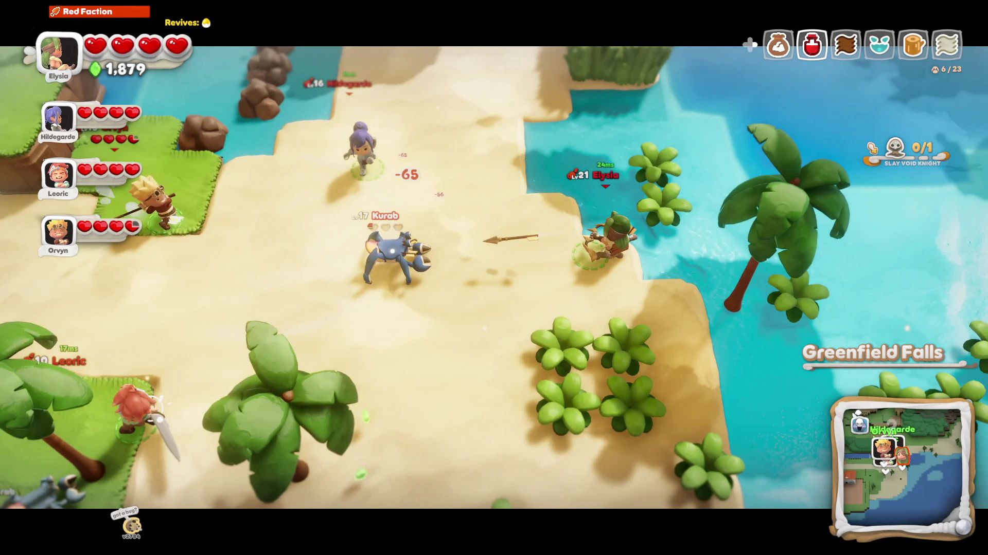 A four-player party exploring a tropical coastline in Scramble Knights Online