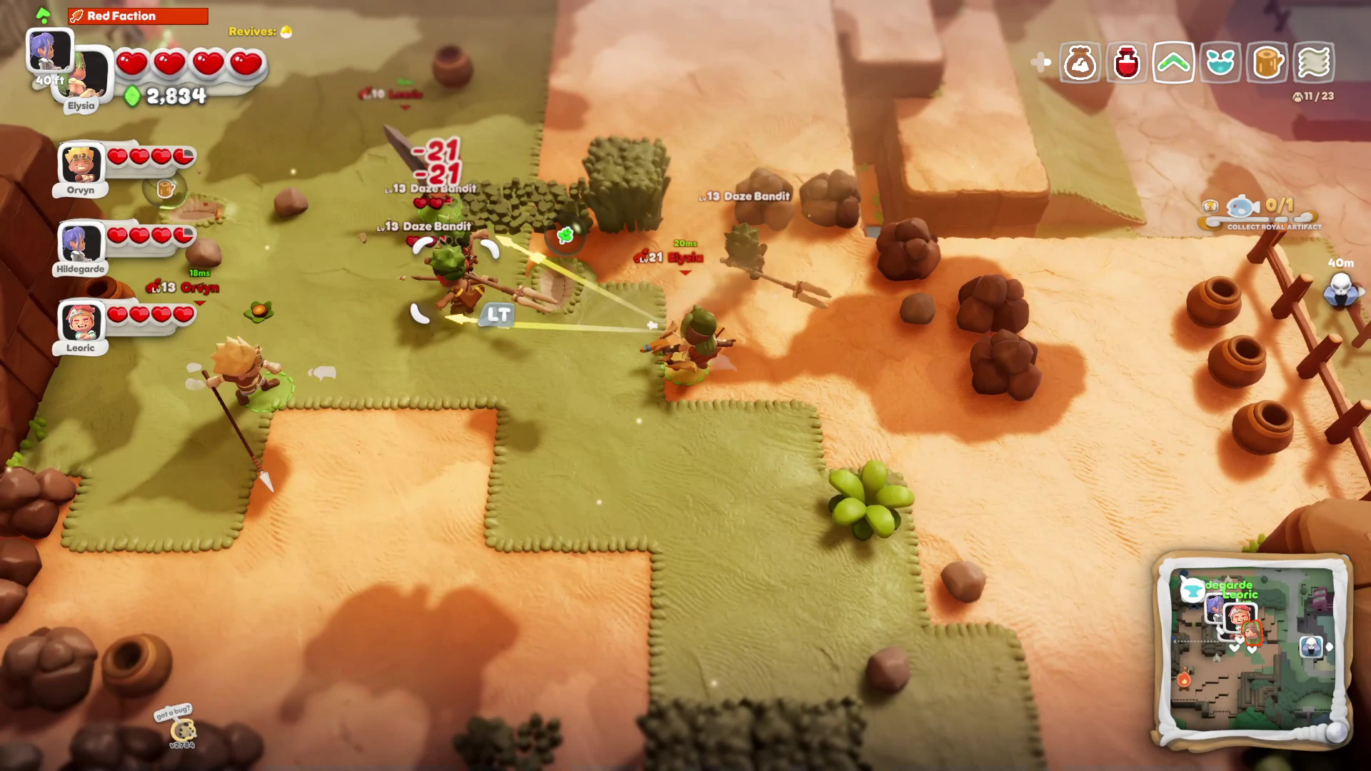 Four knights fighting enemies near a sandstone canyon and wooden bridge