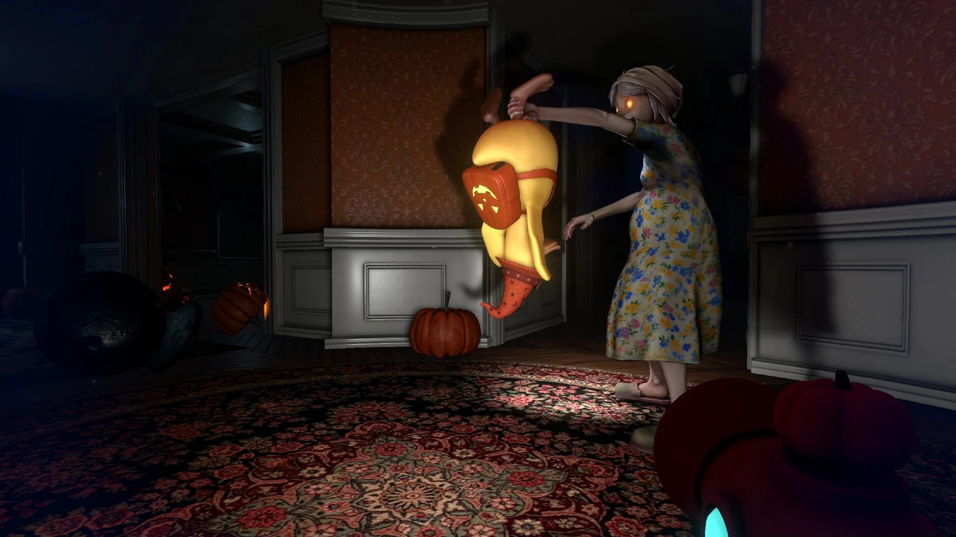 A duck being grabbed by the mansion pursuer during Halloween